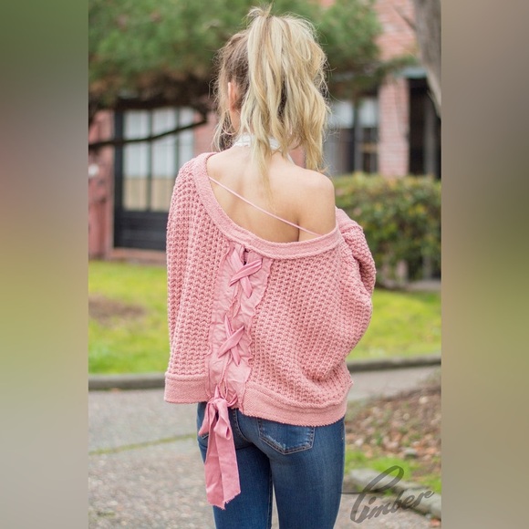 Free People Maybe Baby Pink Chunky Tie Back Bow Knit Oversized Sweater - Picture 9 of 10